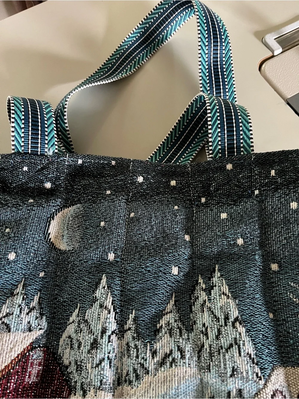 Tapestry Winter Village Tote Bag in colorful print